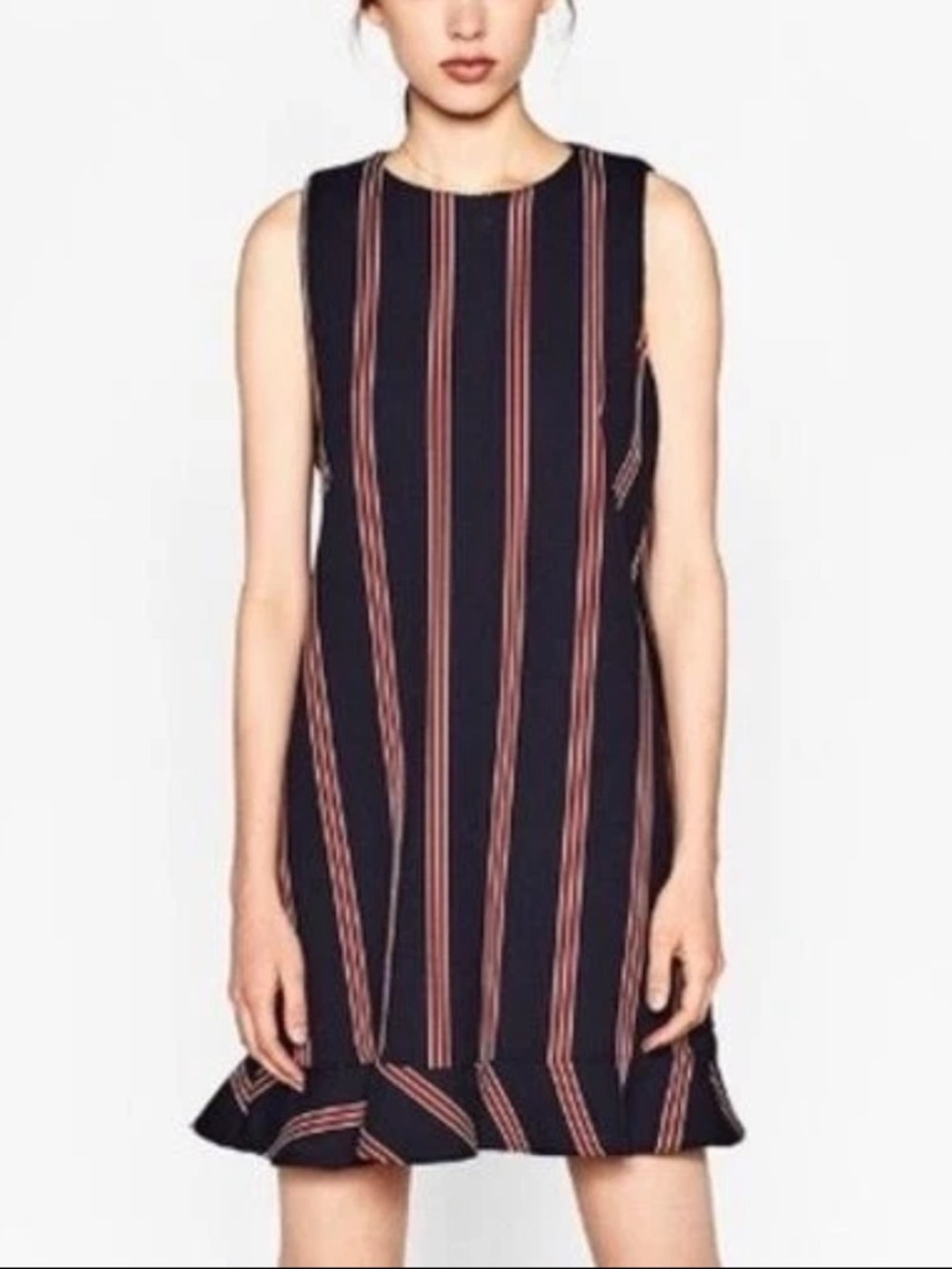 Zara Trafaluc Stripe Mini Dress Women Small Navy Red Sleeveless Shift Retro Mod